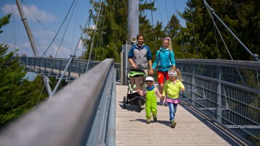 Eine Familie mit drei kleinen Kindern l&auml;uft fr&ouml;hlich, bei strahlendem Sonnenschein, &uuml;ber den Skywalk... &copy; Waldwelt Skywalk Allg&auml;u