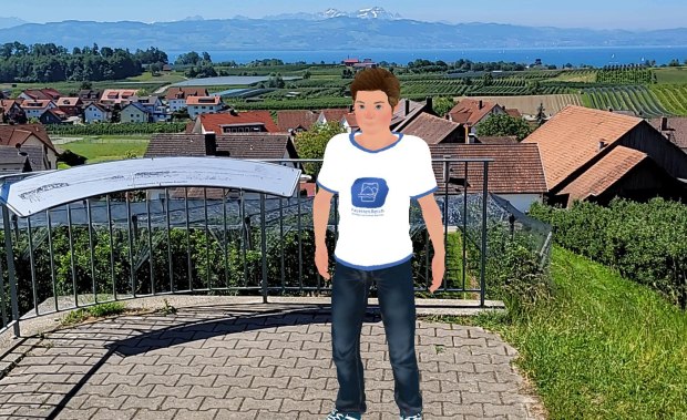 Avatar Max aus der FacettenReich-App steht vor Panoramablick Avatar Max aus der FacettenReich-App steht vor Panoramablick