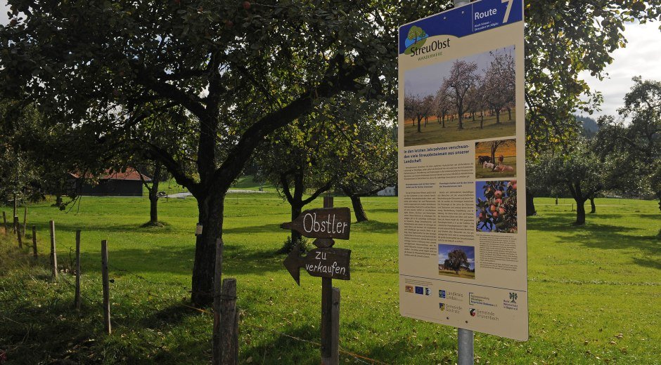 An den Streuobstwegen im Westallgäu informieren die Wandertafeln über die Streuobstwiesen am Wanderweg