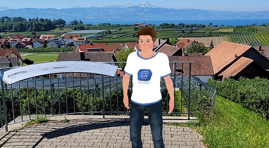 Avatar Max aus der FacettenReich-App steht vor Panoramablick